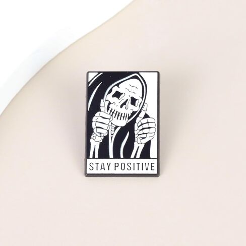 Stay Positive Grim Reaper Thumbs Up Enamel Pin, Funny Sarcastic Brooch, Inspirational Quote Badge, Skeleton Brooches, Gift For Humorous Sassy Girl Sarcasm Lover, Spooky Decoration Pin Jewelry Accessories in Kuwait