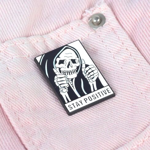 Stay Positive Grim Reaper Thumbs Up Enamel Pin, Funny Sarcastic Brooch, Inspirational Quote Badge, Skeleton Brooches, Gift For Humorous Sassy Girl Sarcasm Lover, Spooky Decoration Pin Jewelry Accessories in Kuwait