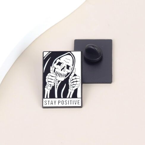 Stay Positive Grim Reaper Thumbs Up Enamel Pin, Funny Sarcastic Brooch, Inspirational Quote Badge, Skeleton Brooches, Gift For Humorous Sassy Girl Sarcasm Lover, Spooky Decoration Pin Jewelry Accessories in Kuwait