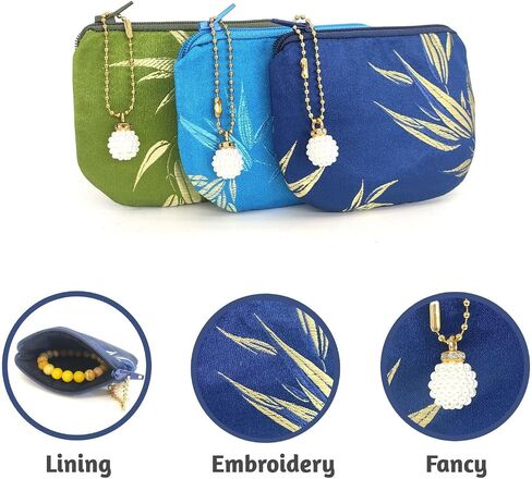 Handmade Coin Purse Women Rosary Pouch Brocade Zipper Wallet Silk Jewelry Bag - Navy in Saudi Arabia