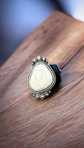 Big! 1.5" Long White Turquoise Adjustable Ring, Brass Dual Band 750263 in Kuwait