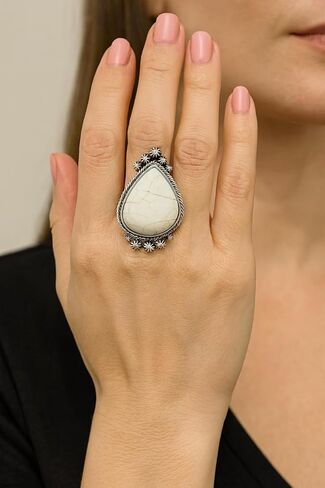 Big! 1.5" Long White Turquoise Adjustable Ring, Brass Dual Band 750263 in Kuwait