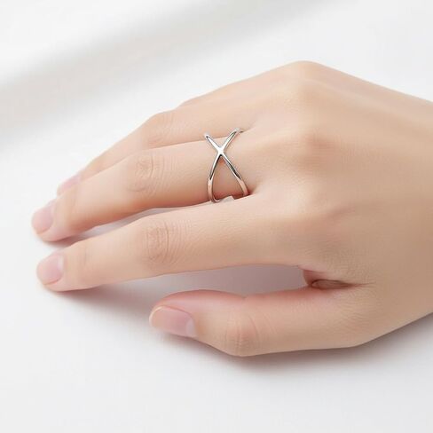 SOVATS 925 Sterling Silver Criss Cross X Long Ring for Women - Rhodium Plated X Band Statement Ring - Nickel-Free Minimalist Fashion Jewelry - Comes in Sizes 5-9 - Elegant Everyday Accessory in Saudi Arabia