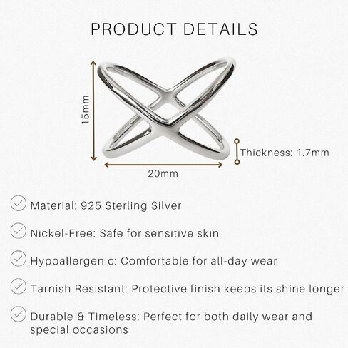 SOVATS 925 Sterling Silver Criss Cross X Long Ring for Women - Rhodium Plated X Band Statement Ring - Nickel-Free Minimalist Fashion Jewelry - Comes in Sizes 5-9 - Elegant Everyday Accessory in Saudi Arabia