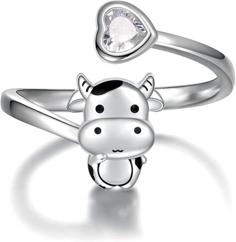 Sterling Silver Cat/Pug/Corgi/Panda/Axolotl/Cow/Mushroom Rings : Adjustable Cute Animal Hypoallergenic Ring Jewelry Gift for Women Daughter in Saudi Arabia