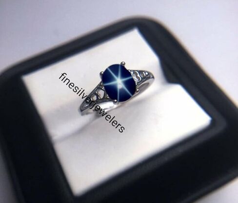 Lindy Blue Star Ring – 925 Sterling Silver with Natural 7x9mm Oval Blue Cabochon Stone, Rhodium Finish, Elegant Boho Jewelry for Women in Saudi Arabia