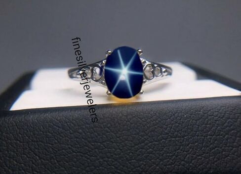 Lindy Blue Star Ring – 925 Sterling Silver with Natural 7x9mm Oval Blue Cabochon Stone, Rhodium Finish, Elegant Boho Jewelry for Women in Saudi Arabia