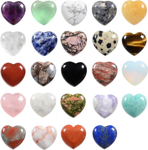 Assorted Gemstone Mini 20mm Heart Healing Palm Crystal Pocket Stone Mini Heart Worry Stone Set Rock Collection Box (Pack of 24) in Kuwait