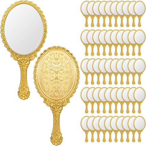 Rainmae 50 Pack Vintage Handheld Mirrors for Makeup, Gold Embossed Floral Portable Princess Mirror with Handle, Decorative Travel Cosmetic Purse Mirror for Women, Party Favors, Classroom in Kuwait