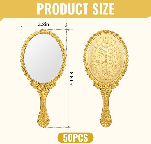 Rainmae 50 Pack Vintage Handheld Mirrors for Makeup, Gold Embossed Floral Portable Princess Mirror with Handle, Decorative Travel Cosmetic Purse Mirror for Women, Party Favors, Classroom in Kuwait