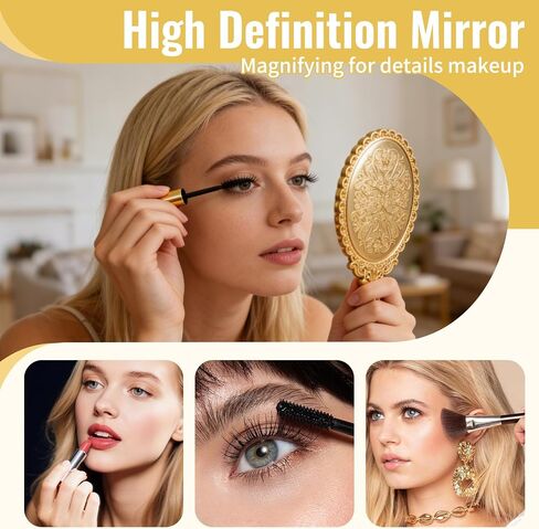 Rainmae 50 Pack Vintage Handheld Mirrors for Makeup, Gold Embossed Floral Portable Princess Mirror with Handle, Decorative Travel Cosmetic Purse Mirror for Women, Party Favors, Classroom in Kuwait