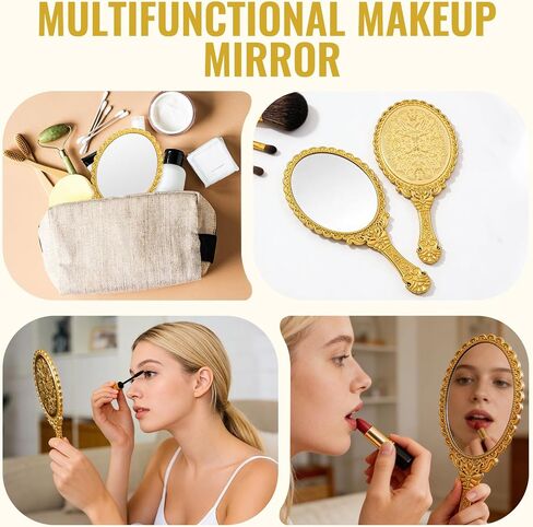 Rainmae 50 Pack Vintage Handheld Mirrors for Makeup, Gold Embossed Floral Portable Princess Mirror with Handle, Decorative Travel Cosmetic Purse Mirror for Women, Party Favors, Classroom in Kuwait