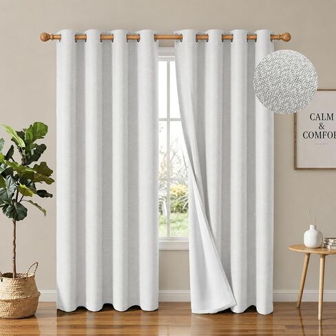 2 Panels 100% Blackout Linen-Textured Curtains, Thick Thermal Insulated Grommet Drapes with Subtle Herringbone Weave, Luxury Decor for Bedroom/Living Room, 54 x 84 Inches, White in Saudi Arabia
