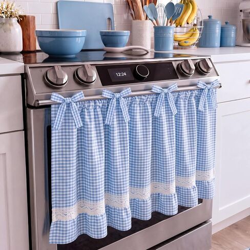 Green Gingham Oven Skirt Curtain Cotton Blend Stove Cover with Ruffled Lace Trim Farmhouse Tie Top Oven Door Curtain for Cottage Kitchen, 30.5x21.5 Inch in Saudi Arabia