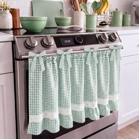 Green Gingham Oven Skirt Curtain Cotton Blend Stove Cover with Ruffled Lace Trim Farmhouse Tie Top Oven Door Curtain for Cottage Kitchen, 30.5x21.5 Inch in Saudi Arabia