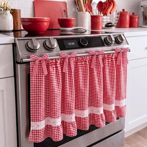 Green Gingham Oven Skirt Curtain Cotton Blend Stove Cover with Ruffled Lace Trim Farmhouse Tie Top Oven Door Curtain for Cottage Kitchen, 30.5x21.5 Inch in Saudi Arabia