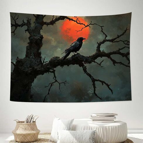 LATETOMT 60x44in Raven Wall Tapestry Dark Tree Bird Art Tapestry Mystical Night Scene Hanging Ideal for Gothic Bedroom Halloween Living Room Decor LTMTAYW002 in Saudi Arabia