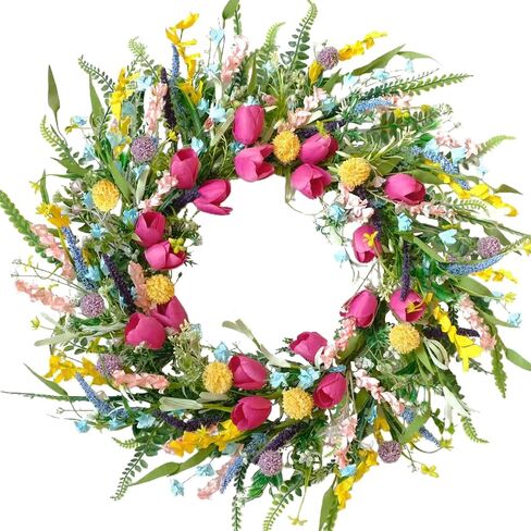 Spring Tulip Wreath for Front Door, 22 Inch Tulip Lavender Floral Wreath, Artificial Spring Summer Wreath for Indoor Outdoor Door Wall Window Decor, Seasonal Home Decor in Saudi Arabia