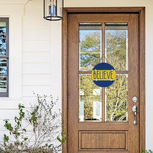 Motivational Believe Front Door Sign, Blue Yellow TV Show Wood Plaque Hanger Office Man Cave Bedroom Home Decor, Wooden Wreath Wall Hanging Decoration Gifts for Soccer Football Coach Lover in Kuwait