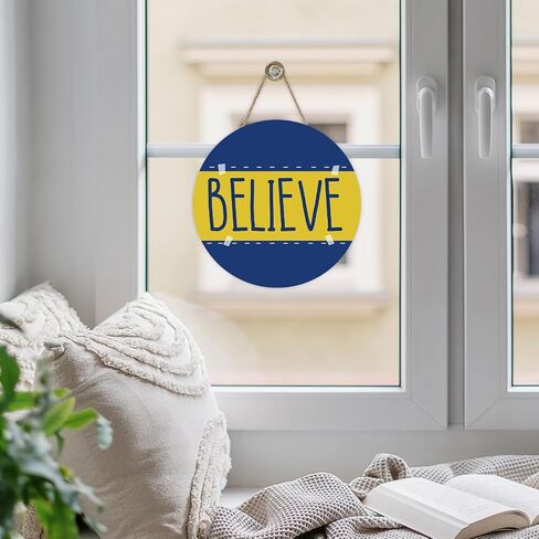 Motivational Believe Front Door Sign, Blue Yellow TV Show Wood Plaque Hanger Office Man Cave Bedroom Home Decor, Wooden Wreath Wall Hanging Decoration Gifts for Soccer Football Coach Lover in Kuwait
