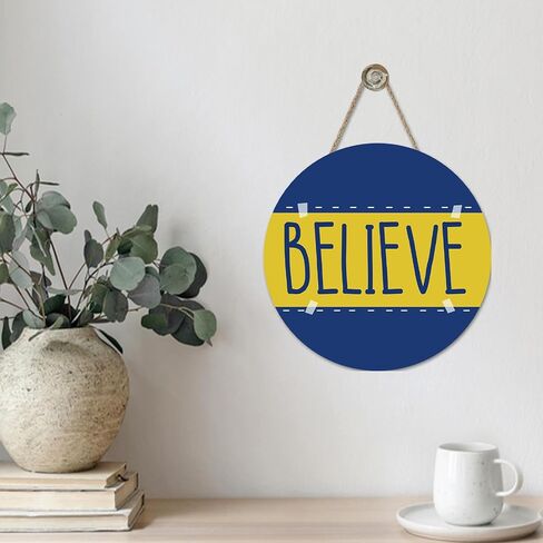 Motivational Believe Front Door Sign, Blue Yellow TV Show Wood Plaque Hanger Office Man Cave Bedroom Home Decor, Wooden Wreath Wall Hanging Decoration Gifts for Soccer Football Coach Lover in Kuwait