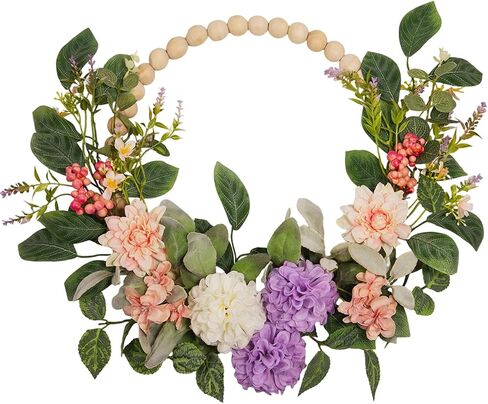 2 Pack 18 Inch Wood Bead Hydrangea Wreath - Artificial Peony, Berry & Dahlia Floral Wreath with Natural Wooden Bead Frame, Farmhouse Spring Summer Decor for Front Door, Wall & Mantel (Set of 2) in Saudi Arabia