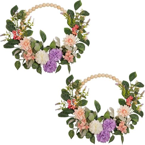 2 Pack 18 Inch Wood Bead Hydrangea Wreath - Artificial Peony, Berry & Dahlia Floral Wreath with Natural Wooden Bead Frame, Farmhouse Spring Summer Decor for Front Door, Wall & Mantel (Set of 2) in Saudi Arabia