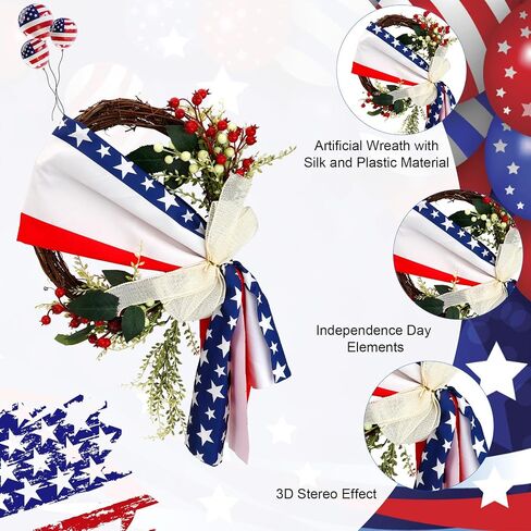 Patriotic Wreath 4th of July Independence Day American Flag with Burlap Bow Decor, Memorial Day Forth of July Wreaths for Front Door Wall Home Decor in Saudi Arabia