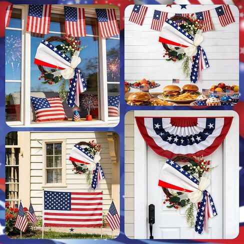 Patriotic Wreath 4th of July Independence Day American Flag with Burlap Bow Decor, Memorial Day Forth of July Wreaths for Front Door Wall Home Decor in Saudi Arabia