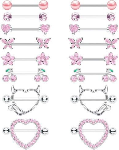 8 Pairs Gold Plated Nipple Rings for Women 14G Surgical Stainless Steel Nipple Piercing Jewelry Heart Cherry Butterfly Flower Nipple Barbells in Saudi Arabia