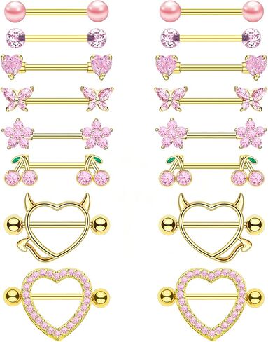 8 Pairs Gold Plated Nipple Rings for Women 14G Surgical Stainless Steel Nipple Piercing Jewelry Heart Cherry Butterfly Flower Nipple Barbells in Kuwait