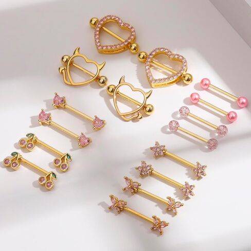 8 Pairs Gold Plated Nipple Rings for Women 14G Surgical Stainless Steel Nipple Piercing Jewelry Heart Cherry Butterfly Flower Nipple Barbells in Kuwait