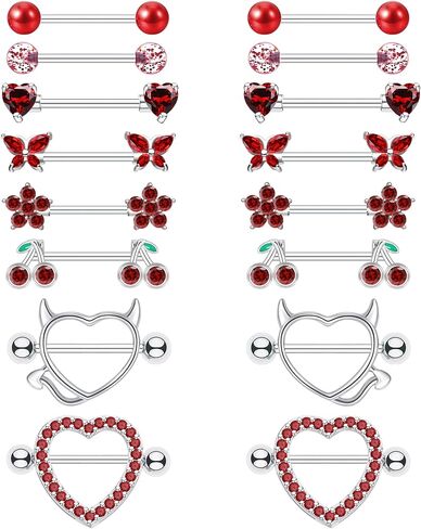 8 Pairs Gold Plated Nipple Rings for Women 14G Surgical Stainless Steel Nipple Piercing Jewelry Heart Cherry Butterfly Flower Nipple Barbells in Kuwait