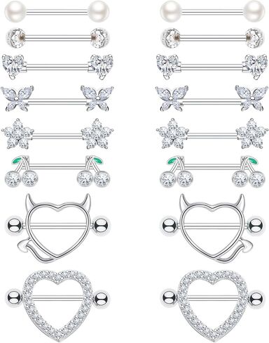 8 Pairs Gold Plated Nipple Rings for Women 14G Surgical Stainless Steel Nipple Piercing Jewelry Heart Cherry Butterfly Flower Nipple Barbells in Kuwait