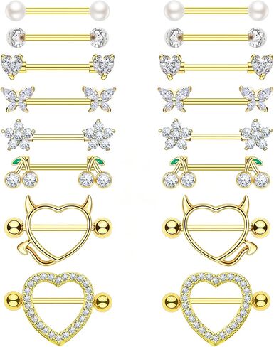 8 Pairs Gold Plated Nipple Rings for Women 14G Surgical Stainless Steel Nipple Piercing Jewelry Heart Cherry Butterfly Flower Nipple Barbells in Kuwait