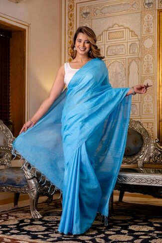 Kota Silk Bhagalpur Handwoven Saree with Subtle Sheen and Tassel Border – Lightweight Traditional Ethnic Drape for Women (US, Alpha, One Size, Regular, Regular, Turquoise Blue) in Saudi Arabia