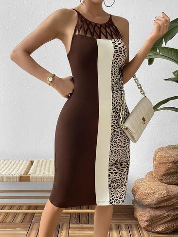 Women's Sexy Sleeveless Hollow Out Dresses Splicing Color Leopard Print Backless Beach Dress in Kuwait