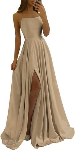 Tvuyet Satin Prom Dresses Long with Pockets Spaghetti Straps A Line Bridesmaid Dresses with Side Slit Ball Gown in Saudi Arabia