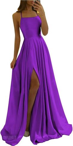 Tvuyet Satin Prom Dresses Long with Pockets Spaghetti Straps A Line Bridesmaid Dresses with Side Slit Ball Gown in Kuwait