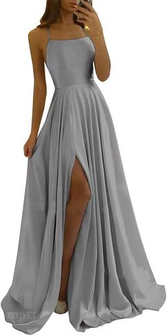 Tvuyet Satin Prom Dresses Long with Pockets Spaghetti Straps A Line Bridesmaid Dresses with Side Slit Ball Gown in Kuwait