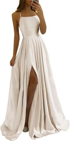 Tvuyet Satin Prom Dresses Long with Pockets Spaghetti Straps A Line Bridesmaid Dresses with Side Slit Ball Gown in Kuwait
