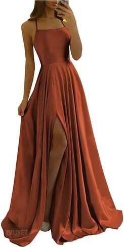 Tvuyet Satin Prom Dresses Long with Pockets Spaghetti Straps A Line Bridesmaid Dresses with Side Slit Ball Gown in Kuwait