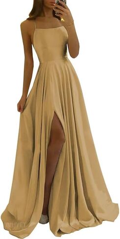 Tvuyet Satin Prom Dresses Long with Pockets Spaghetti Straps A Line Bridesmaid Dresses with Side Slit Ball Gown in Kuwait