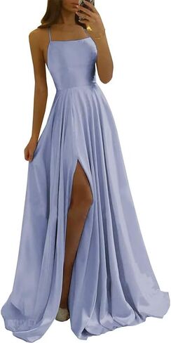 Tvuyet Satin Prom Dresses Long with Pockets Spaghetti Straps A Line Bridesmaid Dresses with Side Slit Ball Gown in Kuwait