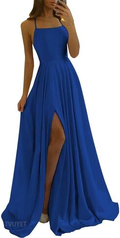 Tvuyet Satin Prom Dresses Long with Pockets Spaghetti Straps A Line Bridesmaid Dresses with Side Slit Ball Gown in Kuwait