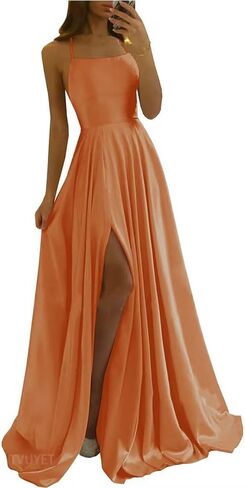 Tvuyet Satin Prom Dresses Long with Pockets Spaghetti Straps A Line Bridesmaid Dresses with Side Slit Ball Gown in Kuwait