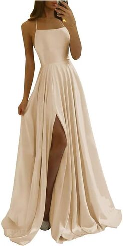 Tvuyet Satin Prom Dresses Long with Pockets Spaghetti Straps A Line Bridesmaid Dresses with Side Slit Ball Gown in Kuwait