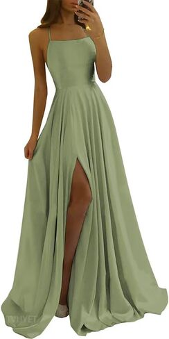 Tvuyet Satin Prom Dresses Long with Pockets Spaghetti Straps A Line Bridesmaid Dresses with Side Slit Ball Gown in Kuwait
