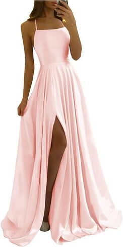Tvuyet Satin Prom Dresses Long with Pockets Spaghetti Straps A Line Bridesmaid Dresses with Side Slit Ball Gown in Kuwait