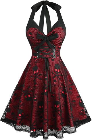 DRESSFO Gothic Halloween Costume Witchy Vampire Grommets Lace-up Bowknot Panel Skulls Retro Dress in Saudi Arabia
